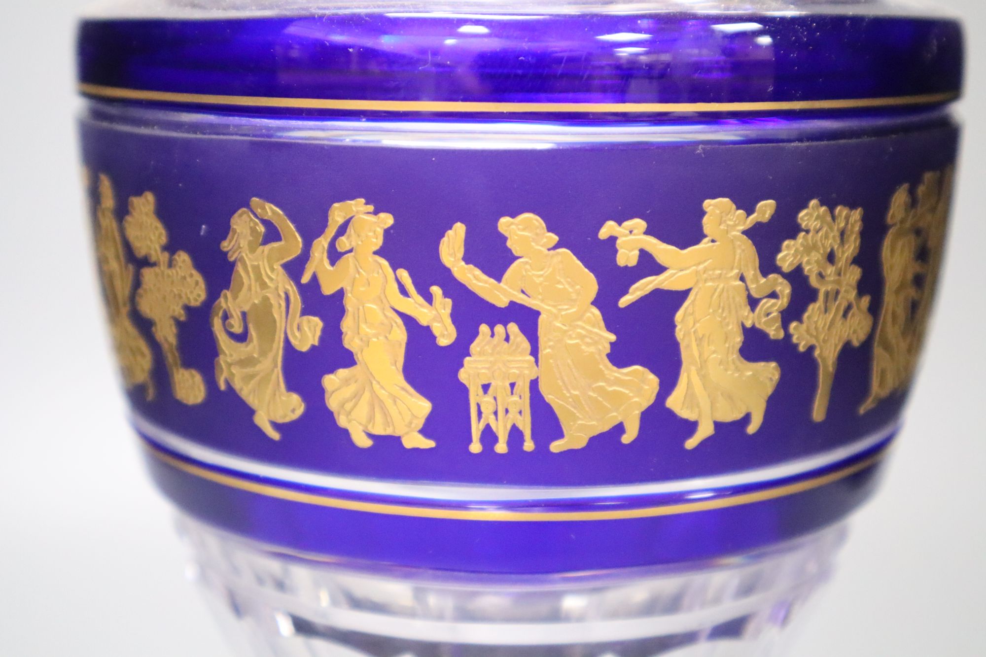 A Val Saint Lambert neoclassical gilt decorated blue and clear crystal pedestal vase, height 31cm